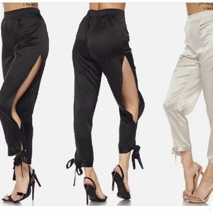 Boutique Women’s S Hera Brand Black Satiny Sexy Open Slit Ankle Tie Pants NWT